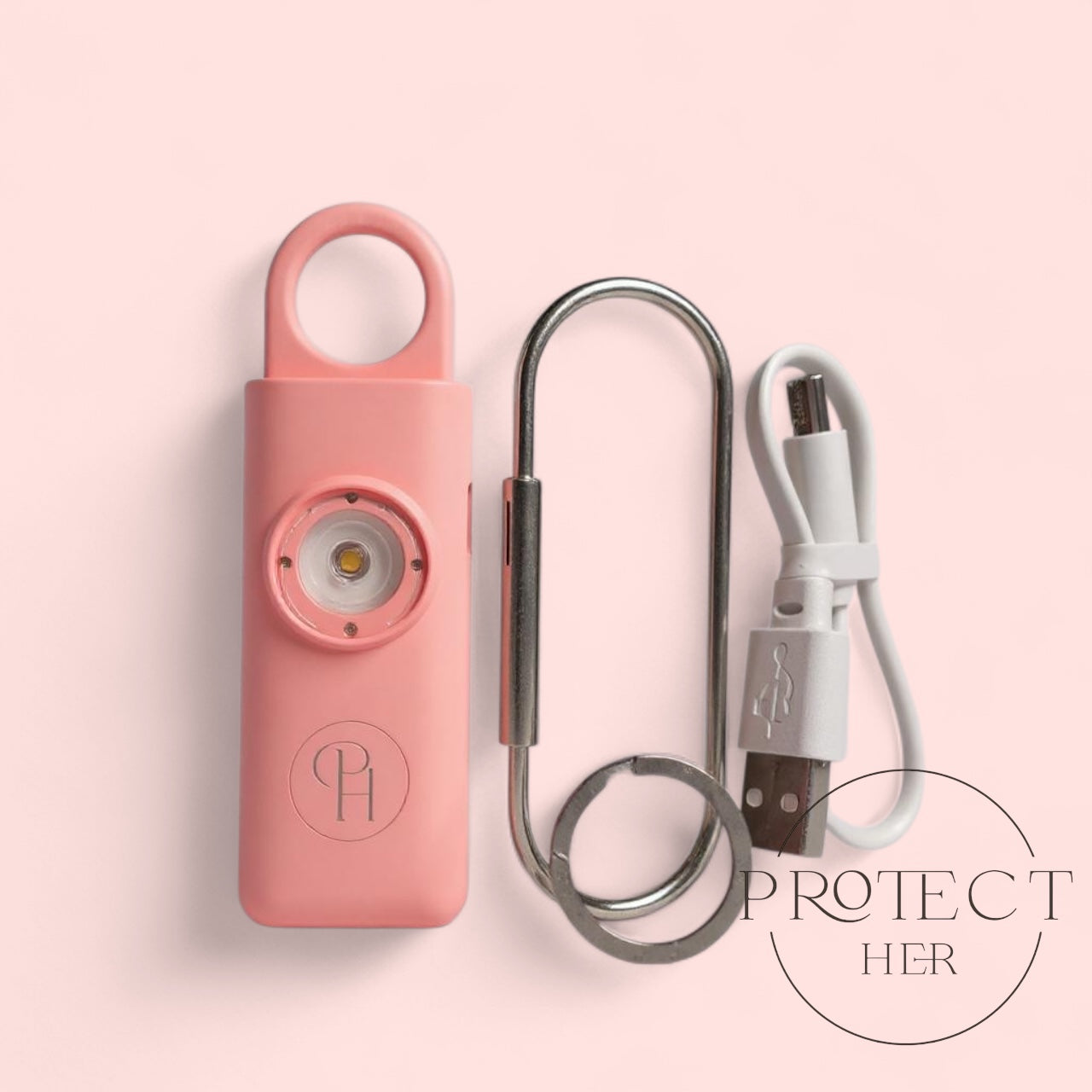 Pink personal safety device alarm SOS with keychain and cable