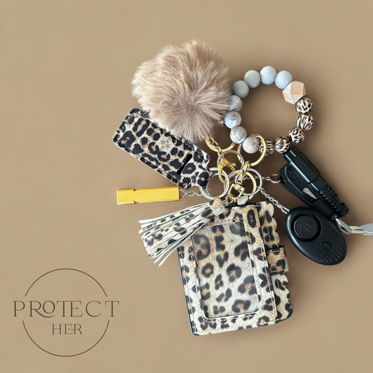 Leopard print keychain set with safety accessories Protect Her Bundle