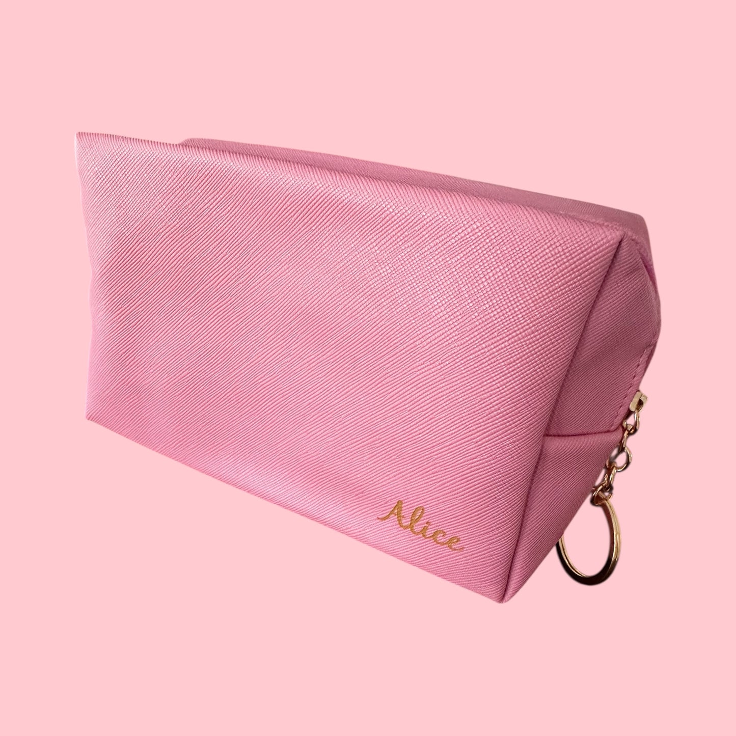 Pink pouch with custom text engraved branding