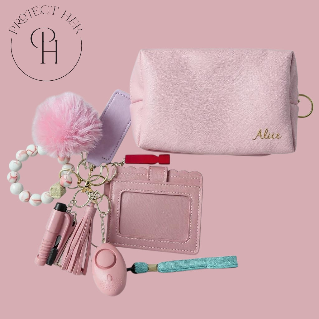 Collection of pink safety and self-defense items Protect Her