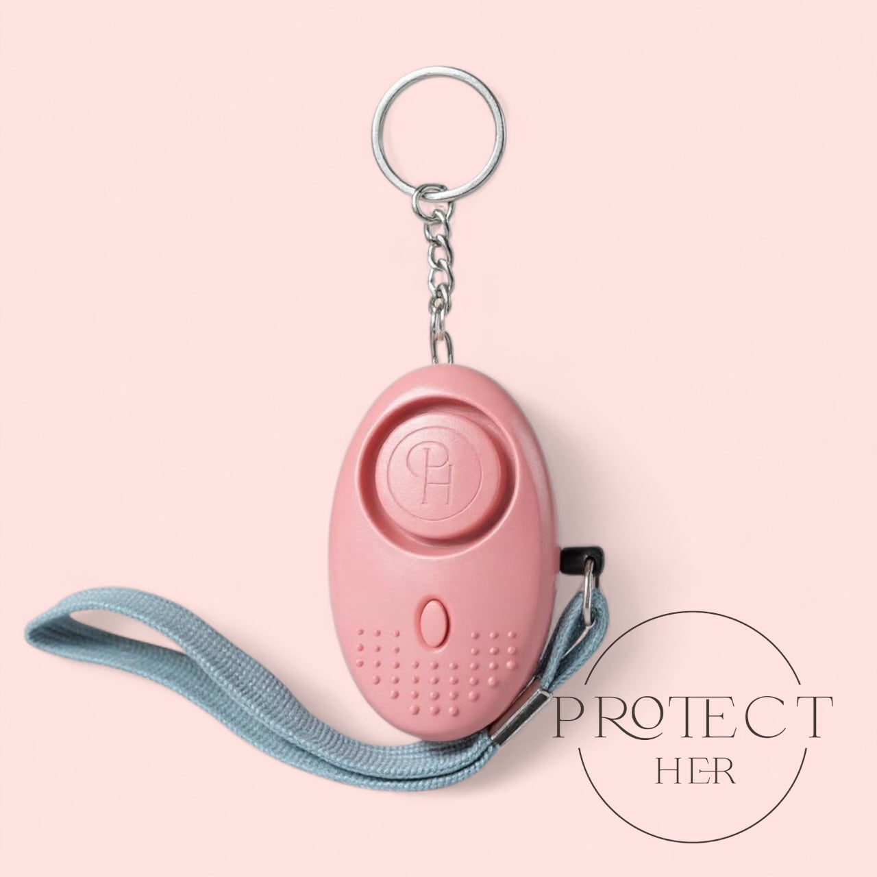 Pink personal safety device with keychain, featuring 'Protect Her' 