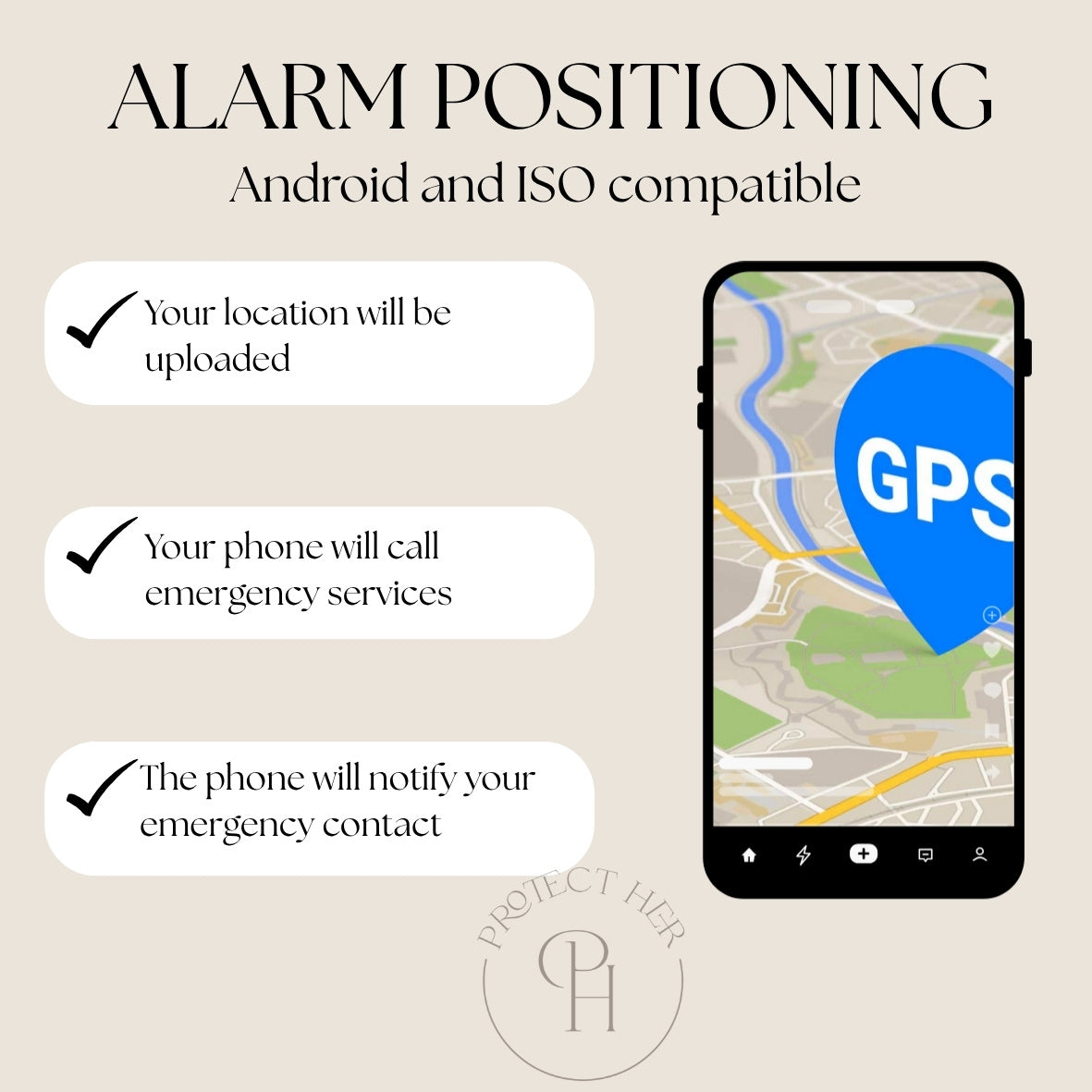 Alarm GPS icon and text about alarm positioning features 