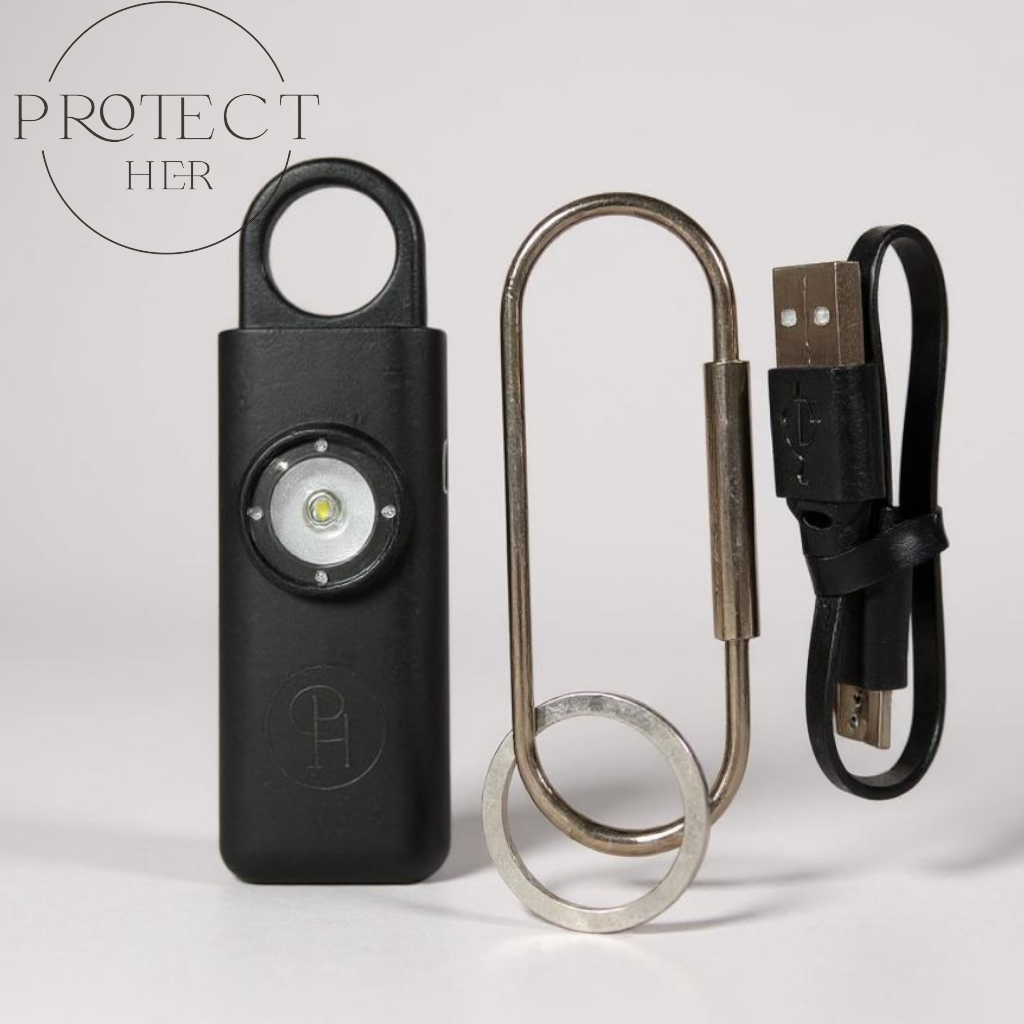 Black personal safety device with USB featuring 'Protect Her