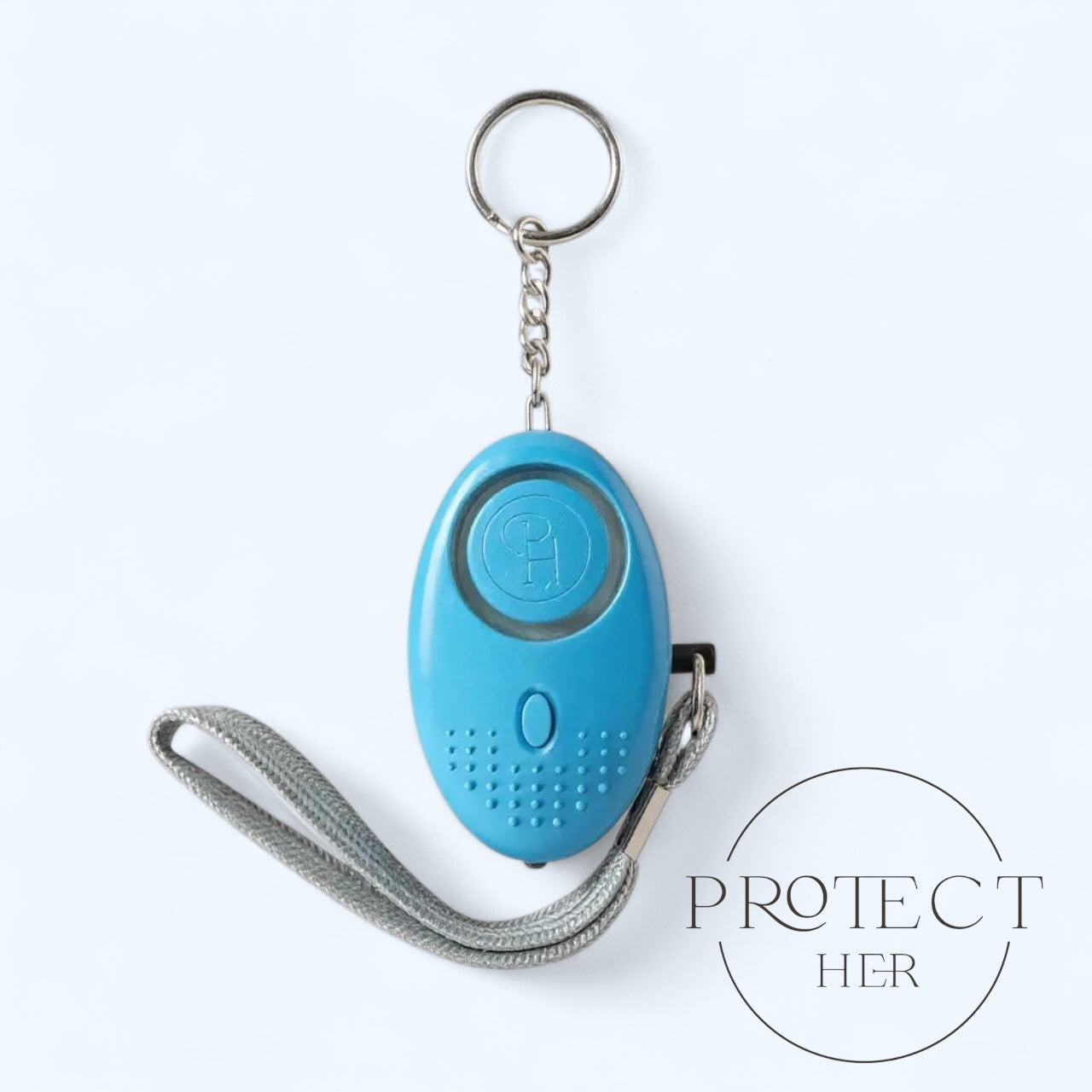Blue safety keychain device 'Protect Her' 