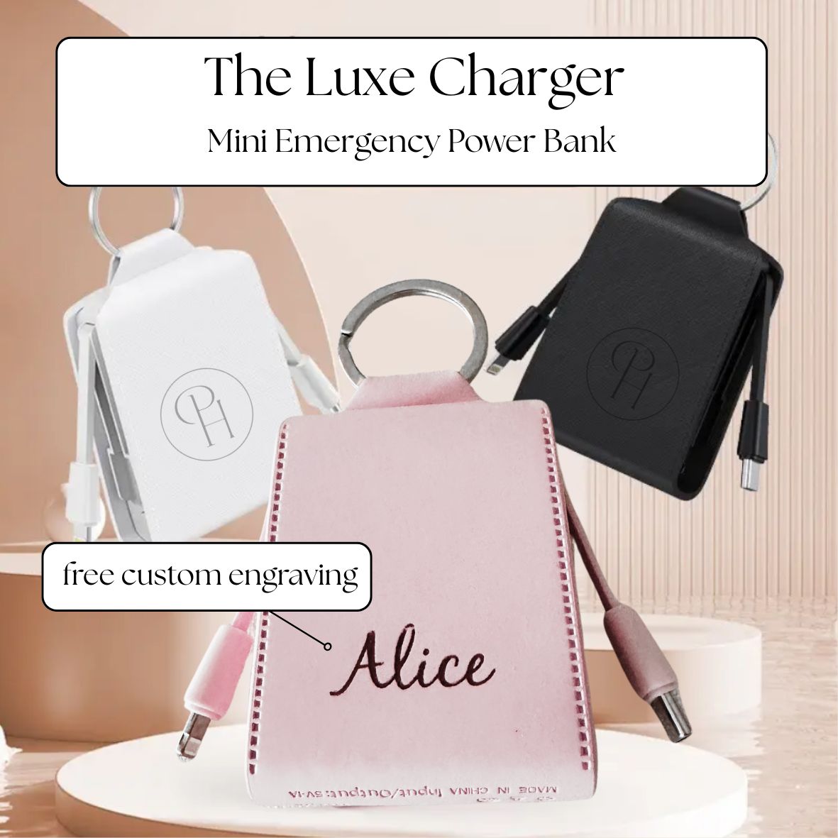 Mini emergency power bank with pink case and free engraving