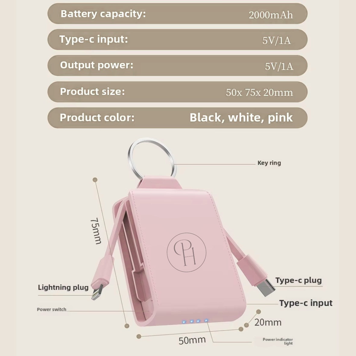 Pink power bank with specifications 