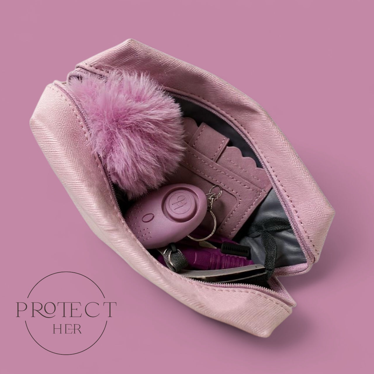 Purple pouch with personal items on a pink background, featuring the brand Protect Her