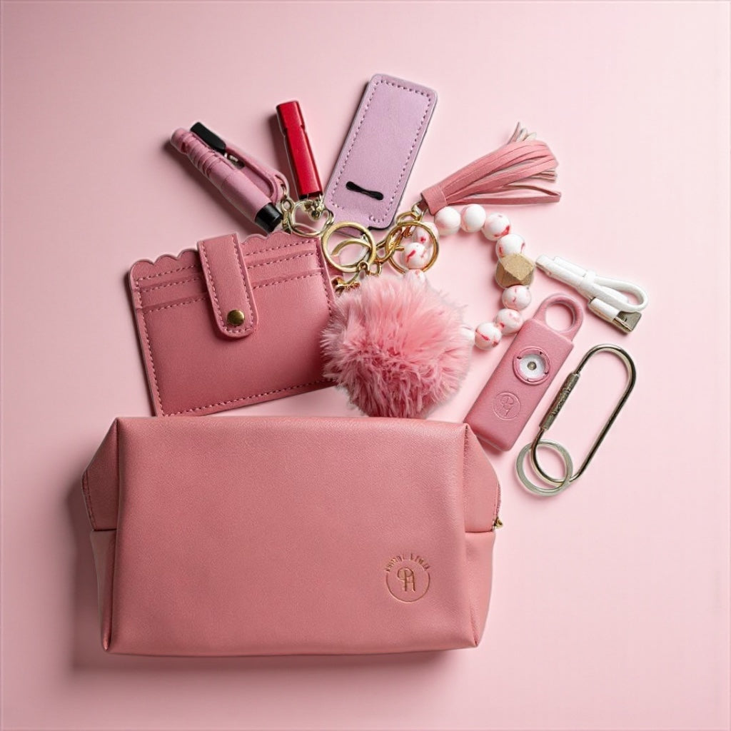Pink cosmetic bag with various accessories